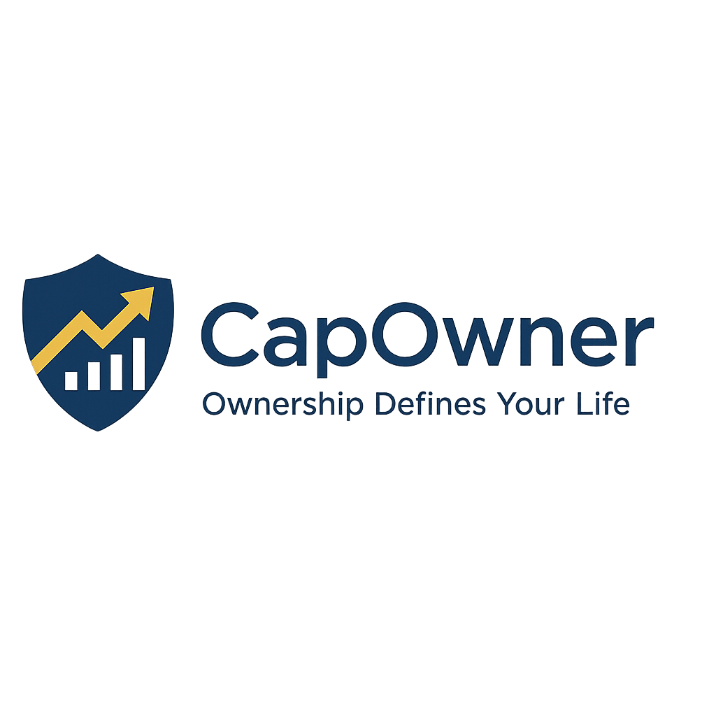 CapOwner logo with shield, upward arrow, and bar chart symbolizing ownership, financial growth, and security. Tagline: Ownership Defines Your Life.