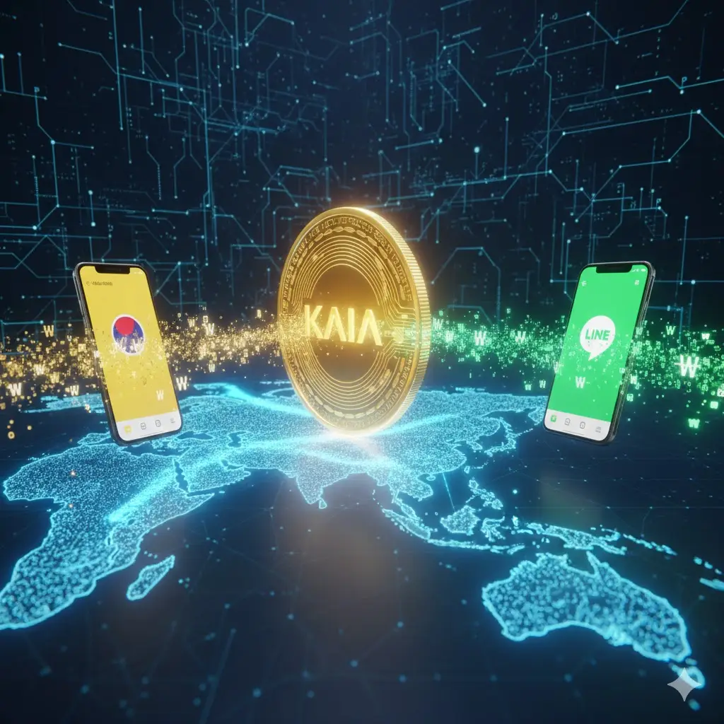 Home 2026년 아시아 핀테크의 미래를 상징하는 3D 일러스트로, 중앙의 빛나는 카이아(KAIA) 코인을 통해 좌측의 카카오톡(노란색 말풍선)과 우측의 라인(초록색 말풍선) 메신저가 연결되어 데이터와 원화 자금(₩)이 흐르는 모습. 배경에는 한국, 일본, 동남아시아를 잇는 고도화된 디지털 네트워크 지도가 펼쳐져 있음.