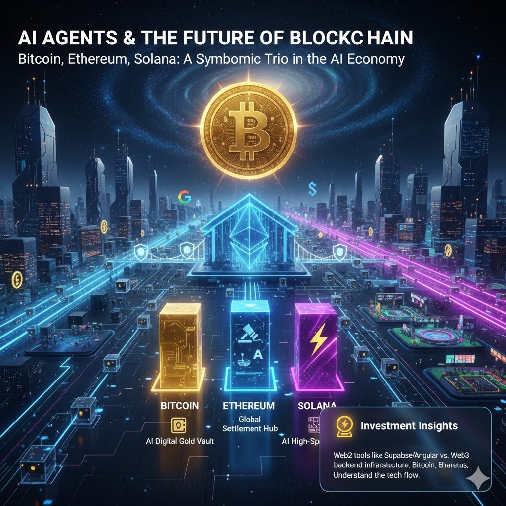 Home AI 에이전트 경제와 비트코인, 이더리움, 솔라나 블록체인 미래 전망 그래픽
